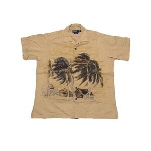 Vintage 90s Ralph Lauren Mens Large Looped Collar Beach Camp Button Shirt Brown